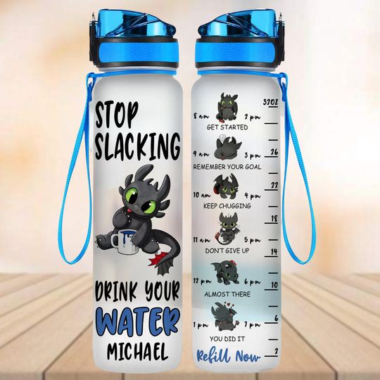 Custom Toothless Water Tracker Bottle, Cute Dragon Water Bottle 32oz, How To Train Your Dragon Drink Bottle, Animals Lover Bottle