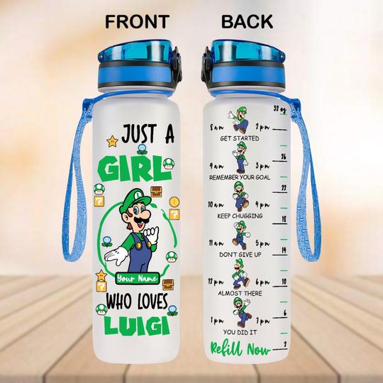 Custom Luigi Water Bottle Tracker, Super Mario Water Bottle 32oz, Mario Bros Luigi Drink Bottle, Game Characters Funny Water Bottle