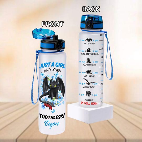 Personalized Toothless Water Tracker Bottle, Dragon Water Bottle 32oz, How To Train Your Dragon Drink Bottle, Animals Fitness Bottle