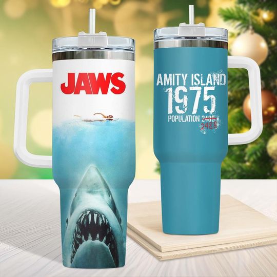 Jaws Tumbler, Amity Island 1975 Tumbler 40oz, Shark Horror Tumbler, Coffee Tumbler, Insulated Tumbler, Movie Tumbler For Men Women Kid
