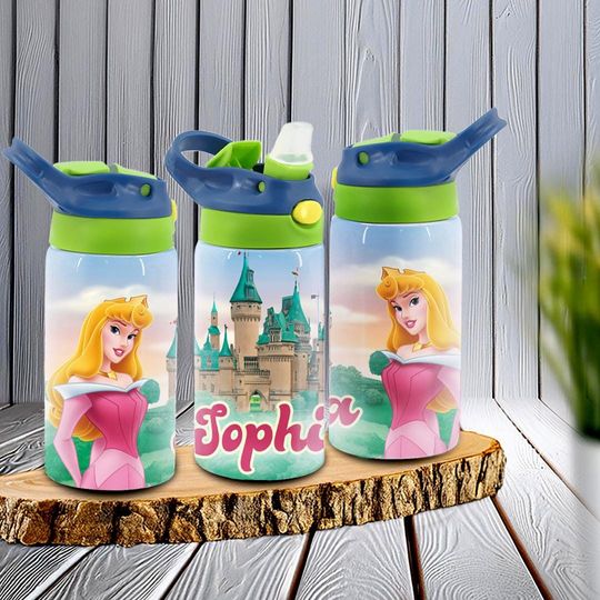 Sleeping Beauty Stainless Steel Kids Water Bottle Customizable - Princess Aurora - Ideal for School and On-the-Go