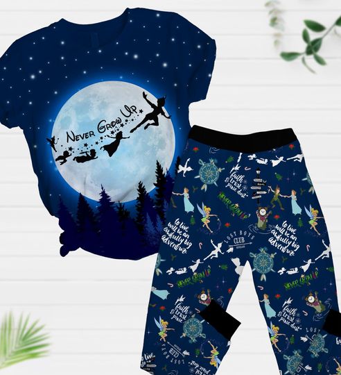 Never Grow Up Disney Peter Pan T-Shirt And Pants, Peter Pan Tinker Bell Wendy John Michael Flight To Neverland Shirt, Flight Ride Tee