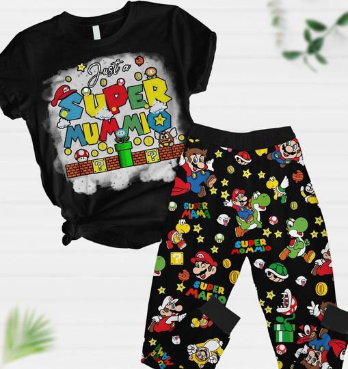 Super Mummio T-Shirt And Pants, Super Mario Pajamas Set, Womens Pajamas, Mother's Day Gift, Video Game Shirt, Gift For Mom Mama Grandpa