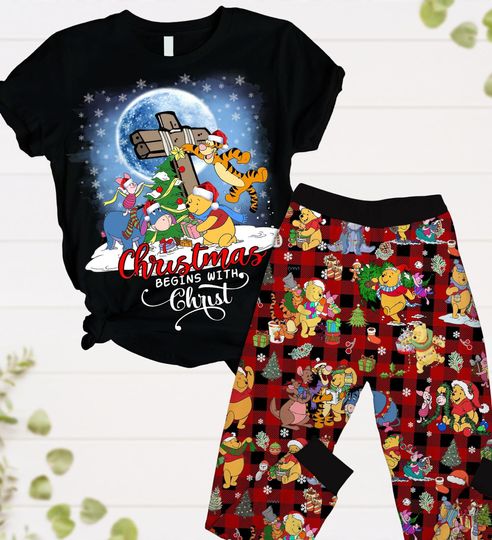 Winnie The Pooh Christmas Pajamas Set, Pooh Bear Holiday Pajamas, Eeyore Tigger Piglet Xmas Tee, Pajamas For Party,Disney Christmas Pjs