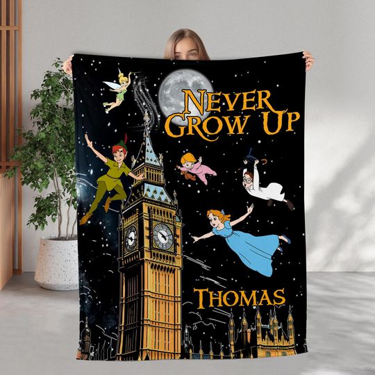 Personalized Peter Pan Never Grow Up Disney Blanket, Custom Name Tinker Bell Wendy Flight Neverland Baby Girl Gift, Disneyland Blanket Gift