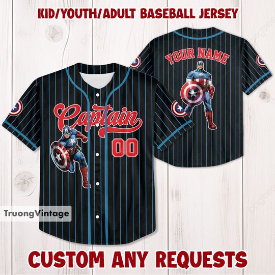 Personalized  Captain America Baseball Jersey, Captain America Superhero Kids Jersey, Personalized Captain America Baseball Jersey