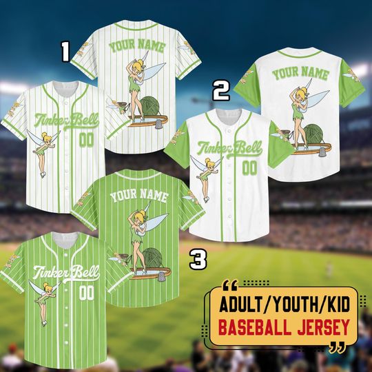 Custom Tinkerbell Simple Baseball Jersey, Custom Name Kid Youth Adult Jersey, Princess Baseball Matching, Birthday Gifts For Girls