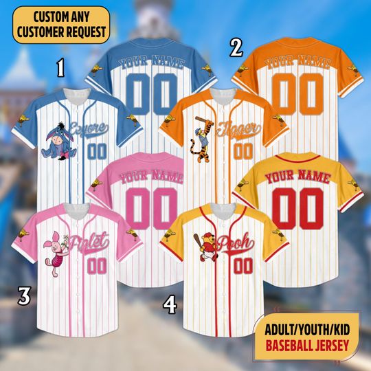 Custom Disney Winnie the Pooh Baseball Jersey, Disneyland Pooh and Friends Jersey Team, Disneyworld Piglet Eeyore Tigger Baseball Jersey