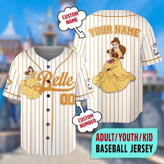 Custom Belle Princess Baseball Jersey, Custom Beauty and the Beast Kid Youth Adult Disney Jersey, Disney Princess Baseball Jersey Outfit