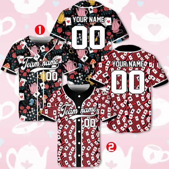 Alice in Wonderland Baseball Jersey, Custom Name & Number Jersey, Mad Hatter Tea Party Shirt, Playing Cards Baseball Tee, Fantasy Sportswear