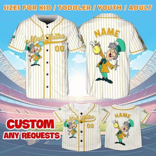 Alice in Wonderland Mad Hatter Jersey Shirt, Disney Alice in Wonderland Baseball Jersey, Mad Hatter Cosplay, Disney Birthday Jersey