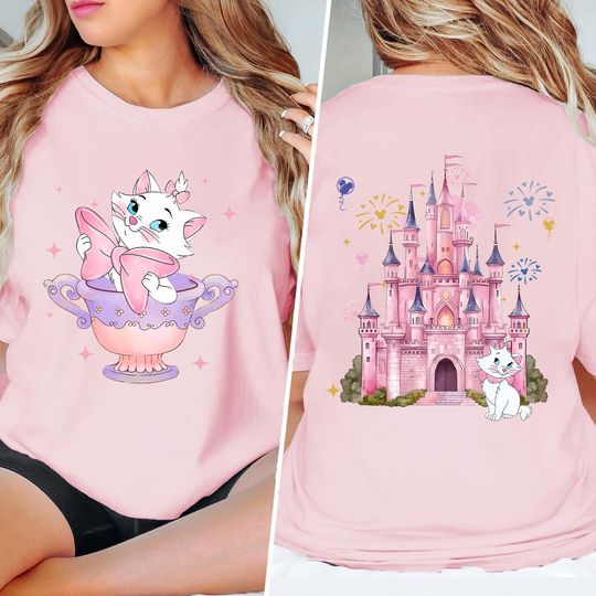 Cute Marie Cat Mad Tea Cup Shirt, The Aristocats Disney 2 Side T-shirt, Women Shirt, The Aristocats Cat Castle Shirt, Magic Kingdom Tee