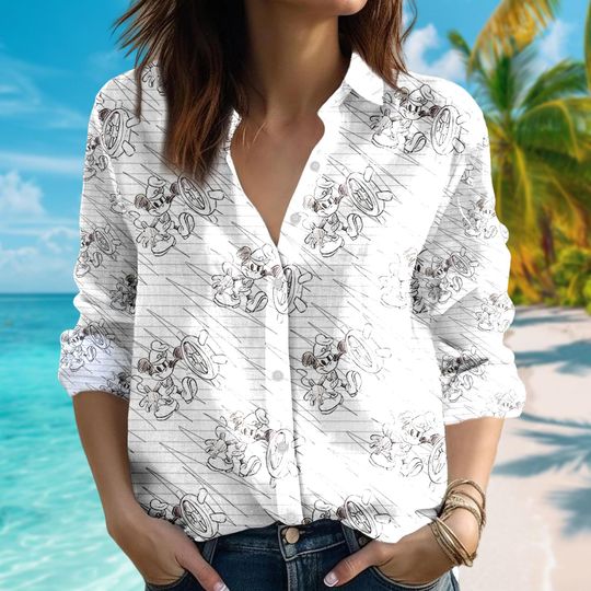 Mickey Mouse Sailor Shirt, Mickey Mouse Casual Button Down Shirt, Cartoon Women Blouses Shirt, Magic Kingdom Family Trip Shirt
