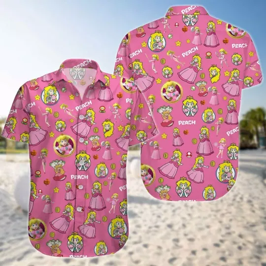 Princess Peach Super Mario Hawaiian Shirt Casual Button Down Unisex Adult Outfit