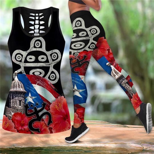 Puerto Rico Sol Taino Symbol Hollow Tank Top Legging Set | Mother's Day Gift | Women's Day Gift