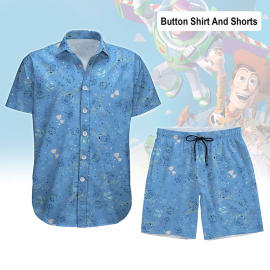 Toy Story Friends Hawaiian Shirt, Pixar Woody Buzz Lightyear Tropical Shirt, Disney Button Shirt And Shorts, Aloha Summer Hawaii Shirt
