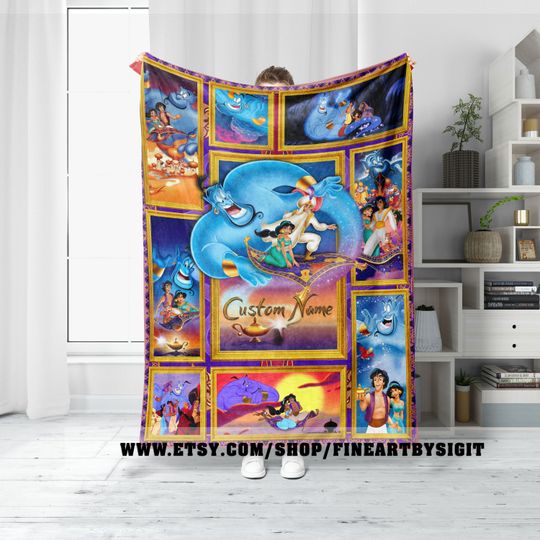 Personalized Aladdin And Princess Jasmine Throw Blanket, Aladdin Magic Blanket, Genie Princess Jasmine Blanket, Magic Kingdom Throw Blanket