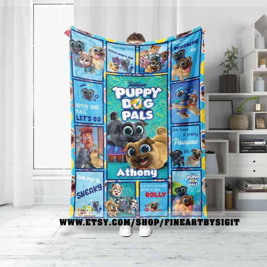Custom Name Puppy Dog Pals Blanket, Bingo And Rolly Kids Blanket, Kids Name Blanket, Custom Name  Dog Blanket Gift, Gift For Christmas