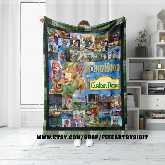 Personalized Disney Robin Hood Blanket, Disney Robin Hood Inspired Sherpa Blanket,Lady Marian Little John Robin Hood 1973 Characters Blanket