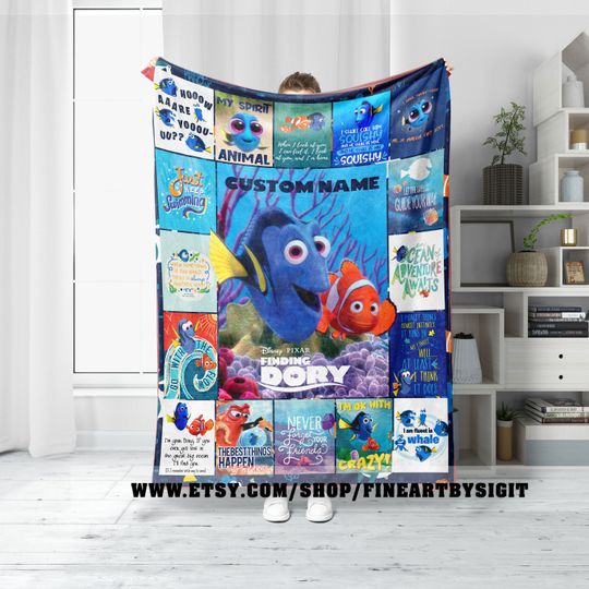 Custom Name Finding Dory Fleece Blanket, Disney Finding Dory Blanket, Custom Name Pixar Finding Dory Blanket, Finding Dory Blanket