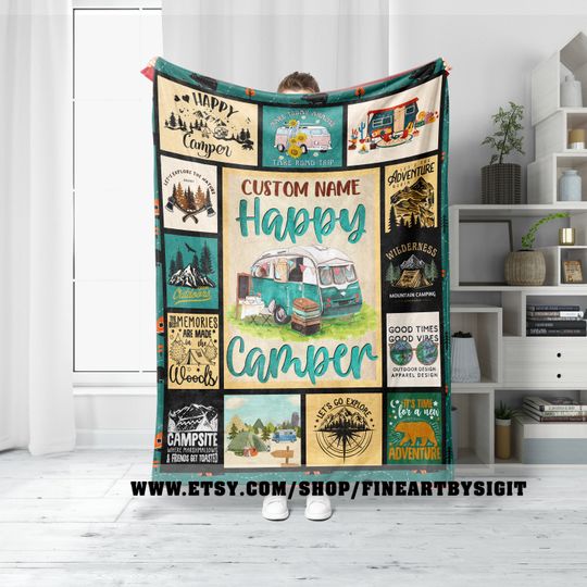 Vintage Happy Camper Throw Blanket, Christmas Happy Camper Blanket, Camping Bedding, Nature Lovers Gift, Christmas Gift,Christmas Home Decor