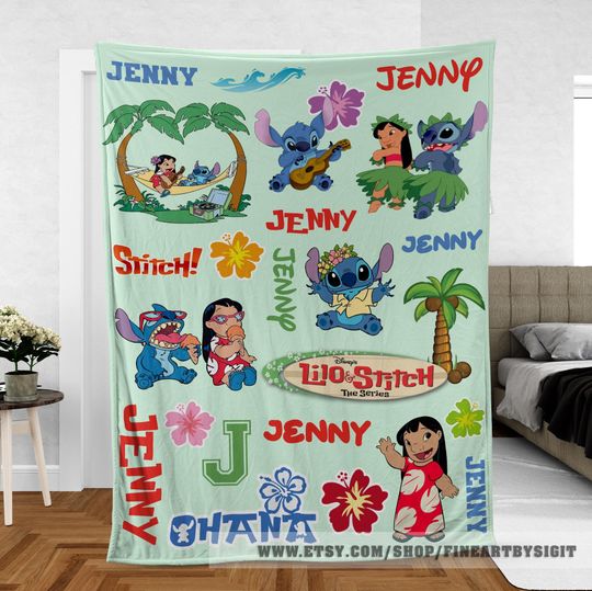 Personalized Lilo Stitch Watercolor Blanket, Wdw Disneyland Lilo & Stitch Birthday Gift, Christmas Gifts For Kids, Custom Name Kids Blanket
