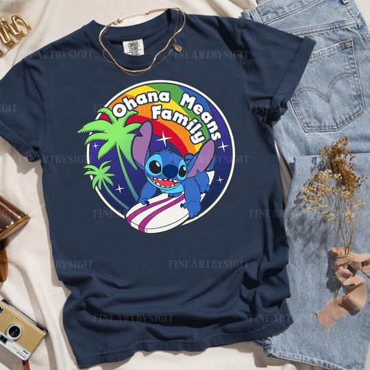 Stitch Rainbow Surf Shirt, Stitch Ohana Means Family T-shirt, LGBTQ Support, Disney Pride Month Shirt, Disney Trip Shirt