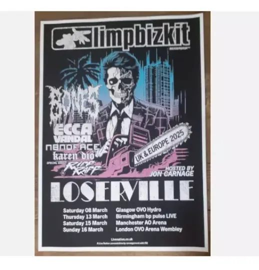 Limp Bizkit - live band music show 2025 UK promotional tour concert gig poster