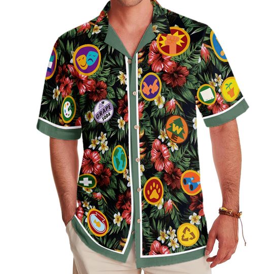 Disney Up Wilderness Explorer Badges Hawaiian T-shirt, Up Movie Tropical Hawaii Tee, Russell Print Button Tee, Summer Beach Trip Tee