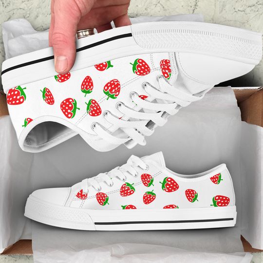Strawberry Print Low Top Sneakers for Women, Cute Casual Shoes, Summer Fashion Sneakers, Unique Gift for Her, Aesthetic Fruit Shoes