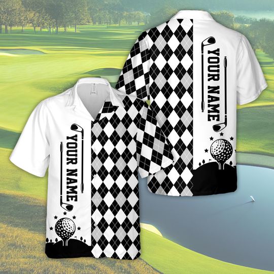 Personalized Name Argyle Pattern Golf Hawaiian Shirt, Custom Golf League Button Up Shirt, Unique Golf Apparel Gift For Golf Lover Dad Golfer