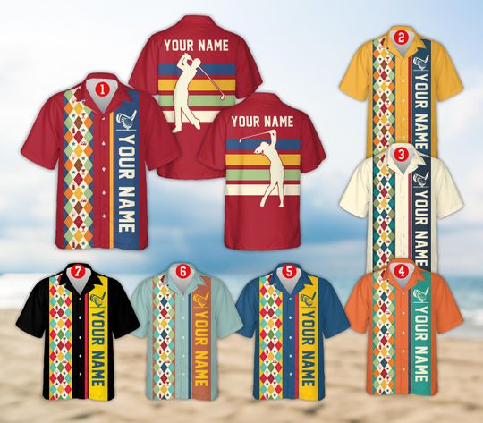 Personalized Name Argyle Pattern Golf Hawaiian Shirt, Custom Color Retro Golf Tournament Button Up Shirt, Golf Outing Shirt, Golf Lover Gift