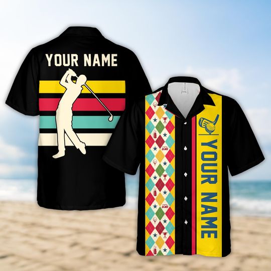 Personalized Name Argyle Pattern Golf Hawaiian Shirt, Custom Color Retro Golf Tournament Button Up Shirt, Golf Outing Shirt, Golf Lover Gift