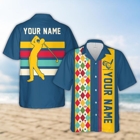 Personalized Name Argyle Pattern Golf Hawaiian Shirt, Custom Color Retro Golf Tournament Button Up Shirt, Golf Outing Shirt, Golf Lover Gift