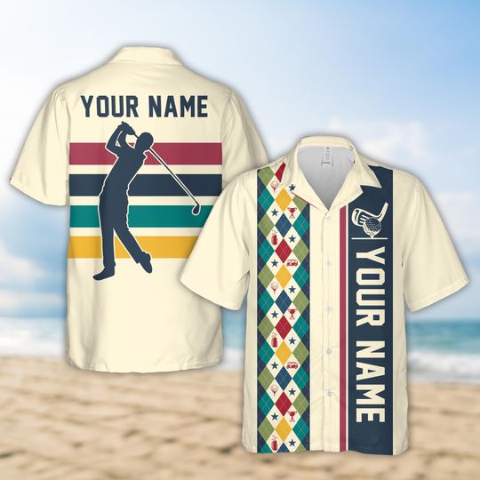 Personalized Name Argyle Pattern Golf Hawaiian Shirt, Custom Color Retro Golf Tournament Button Up Shirt, Golf Outing Shirt, Golf Lover Gift