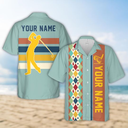 Personalized Name Argyle Pattern Golf Hawaiian Shirt, Custom Color Retro Golf Tournament Button Up Shirt, Golf Outing Shirt, Golf Lover Gift