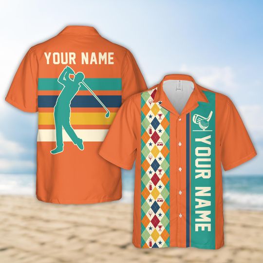 Personalized Name Argyle Pattern Golf Hawaiian Shirt, Custom Color Retro Golf Tournament Button Up Shirt, Golf Outing Shirt, Golf Lover Gift