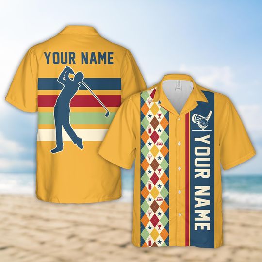 Personalized Name Argyle Pattern Golf Hawaiian Shirt, Custom Color Retro Golf Tournament Button Up Shirt, Golf Outing Shirt, Golf Lover Gift