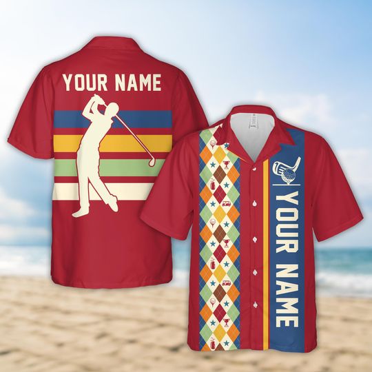 Personalized Name Argyle Pattern Golf Hawaiian Shirt, Custom Color Retro Golf Tournament Button Up Shirt, Golf Outing Shirt, Golf Lover Gift