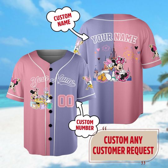 Personalized Minnie And Daisy Baseball Jersey, Custom Mickey and Friends Jersey, Magic Kingdom Baseball Team Outfit For Girls Trip