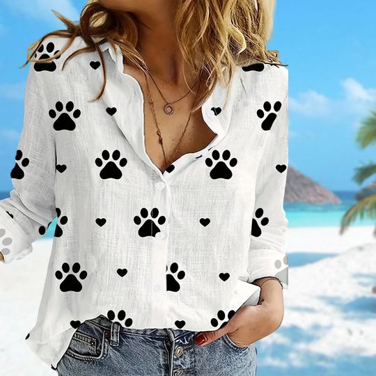 White Dog Paws And Heart Women Casual Shirt, Pet Paws Blouses Shirt, Cat Paws Shirt For Women, Pet Lover Blouses Shirt, Dog Shirt Gift