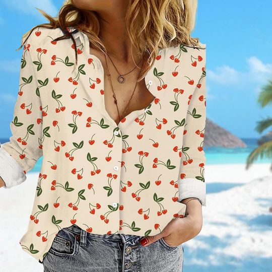 Cute Cherry Heart Women Casual Shirt, Cute Cherry Heart Women Blouses Shirt, Cherry Heart Shirt For Women, Cherry Heart Shirt Gift