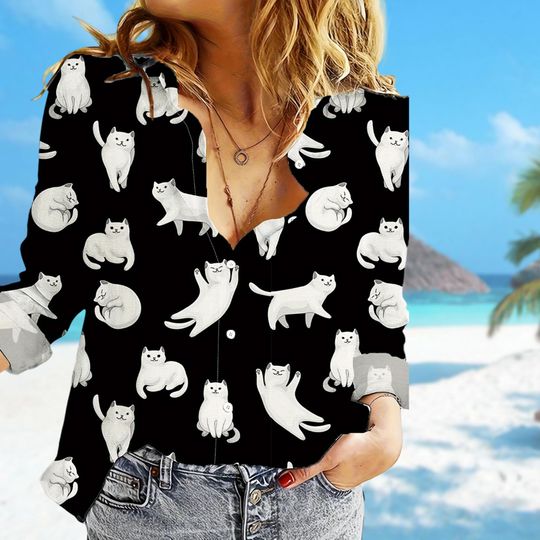 Cute Cat Women Casual Shirt, Cute Cat Women Blouses Shirt, Cute Cat Shirt For Women, Cat Blouses Shirt, Pet Lover Shirt, Cat Lover Gifts