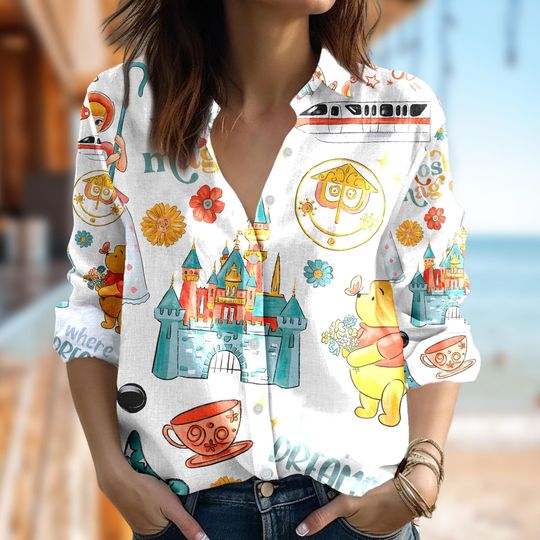 Disney Winnie The Pooh Women Blouses Shirt, Pooh Casual Women Shirt, Pooh Animated Movie 3D Button Up Shirt, Magic Kingdom Summer Trip Shirt