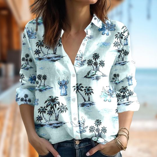 Disney Stitch Women Blouses Shirt, Stitch Women Casual Shirt, Stitch Palm Tree Button Shirt, Cartoon Summer Trip Tee, Magic Kingdom Gift