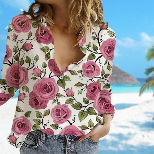 Spring and Autumn Flower Rose Casual Women Shirt, Wildflower Women Blouses Shirt, Cottagecore Shirt For Women, Garden Lover Women Shirt