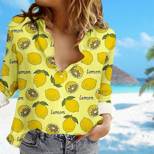Lemon Women Blouses Shirt, Summer Fruit Casual Women Shirt, Lemon Long Sleeve Gift For Her, Spring Shirts, Lemon Blouses Tops Shirt