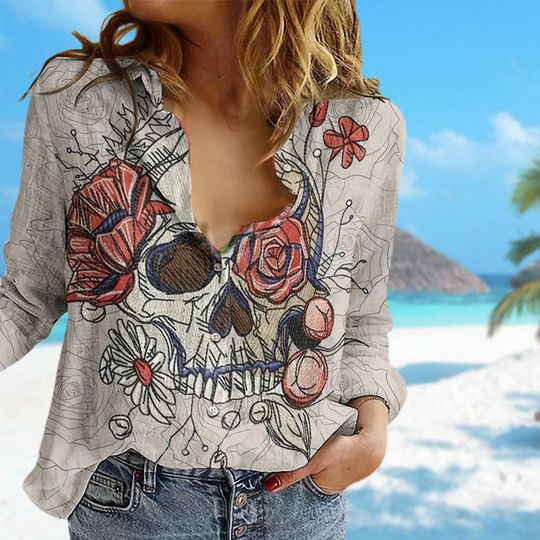 Floral Skull Women Blouses Shirt, Skull Casual Women Shirt, Horror Long Sleeves Shirt, Skeleton Gift For Women, Skeleton Women Blouses Tee