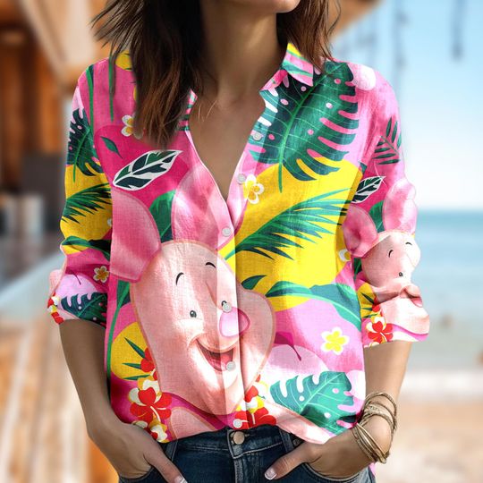 Winnie The Pooh Women Casual Shirt, Piglet Women Blouses Shirt, Animated Cartoon Button Down T-Shirt, Magic Kingdom Party Gift