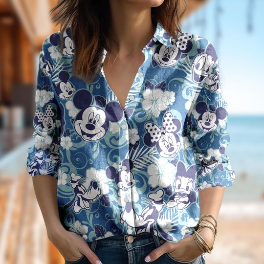 Tropical Mickey Mouse Shirt, Disney Mickey Casual Long Sleeve Button Up Shirt, Goofy Cartoon Women Blouses Shirt, Magic Kingdom Shirt